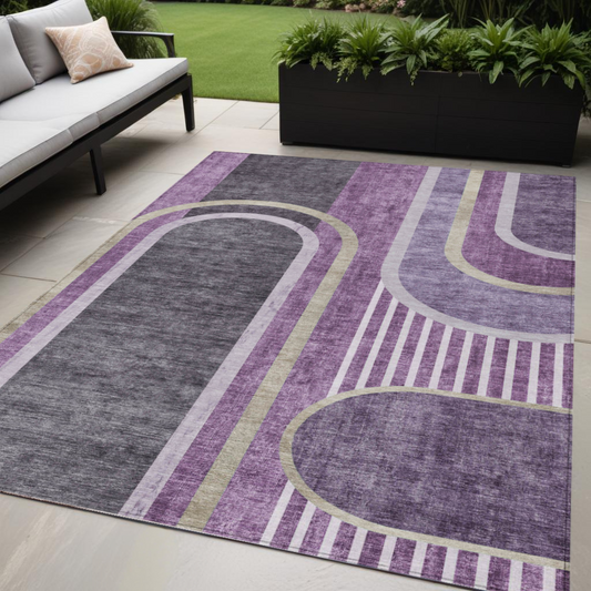 5' X 8' Purple and Black Abstract Washable Indoor Outdoor Area Rug-0