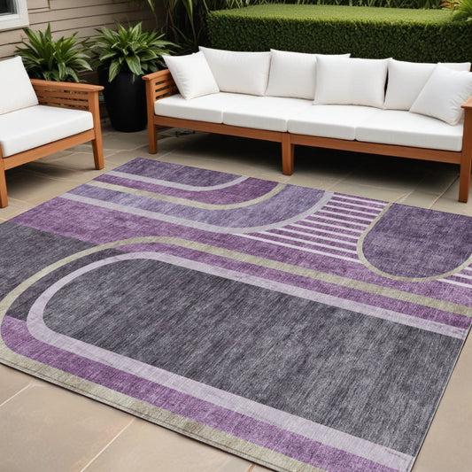 8' X 10' Purple and Black Abstract Washable Indoor Outdoor Area Rug-0