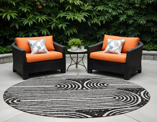 8' Black And White Round Abstract Washable Indoor Outdoor Area Rug-0