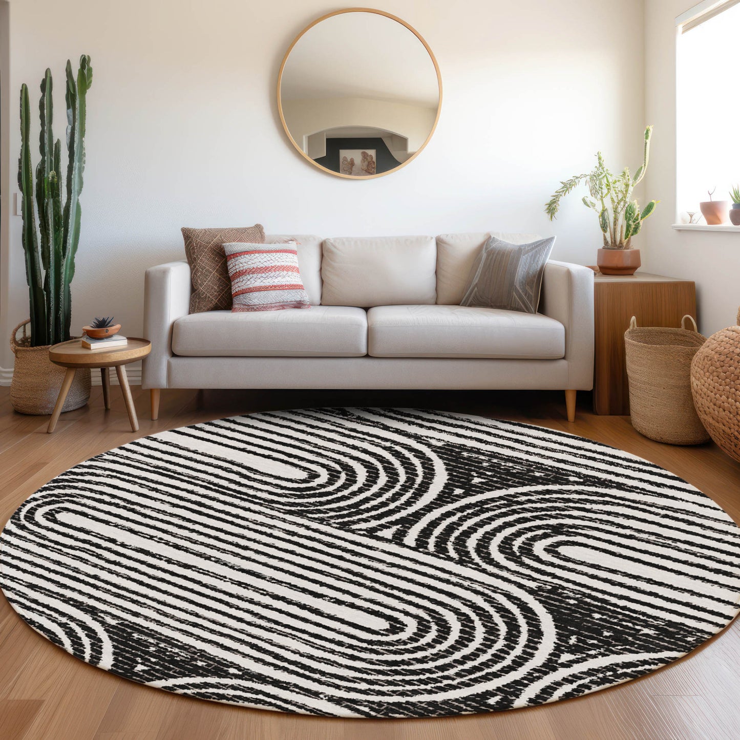 8' Black And White Round Abstract Washable Indoor Outdoor Area Rug-8