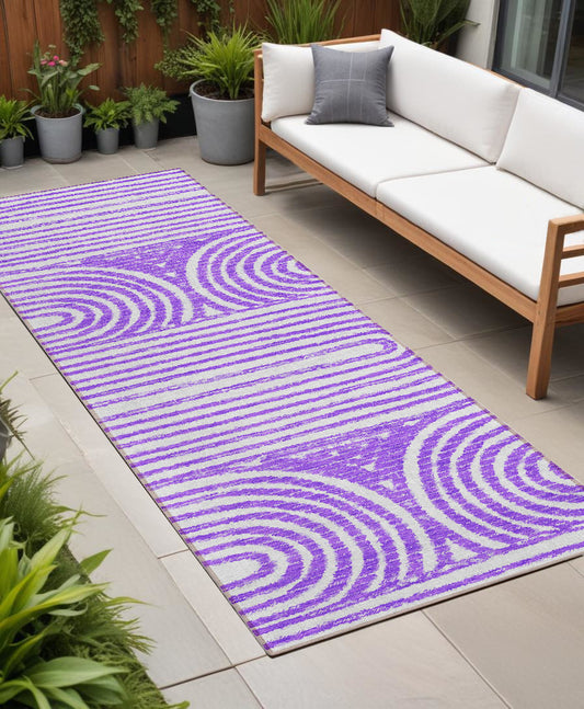 8' Runner Purple and White Abstract Washable Non Skid Indoor Outdoor Runner Rug-0