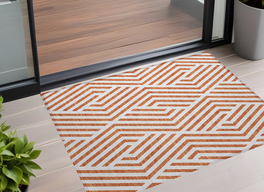 3' X 5' Orange And White Geometric Washable Indoor Outdoor Area Rug-0