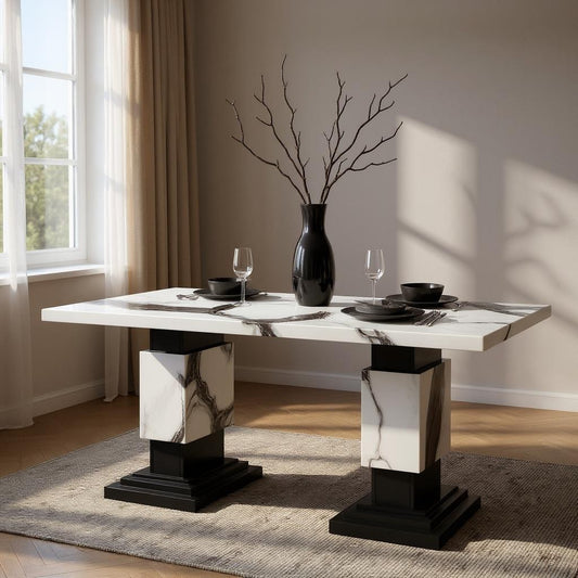 82" Black and White Faux Marble and Wood Double Pedestal Base Dining Table-0