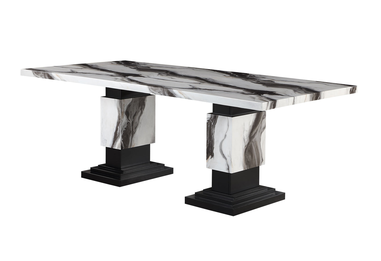82" Black and White Faux Marble and Wood Double Pedestal Base Dining Table-2