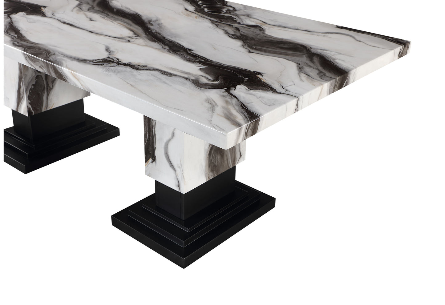82" Black and White Faux Marble and Wood Double Pedestal Base Dining Table-5