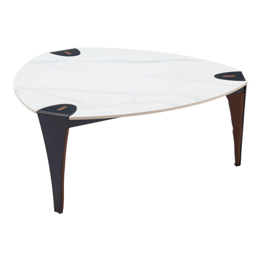 36" White and Black Sintered Stone Faux Leather And Steel Triangle Coffee Table-4