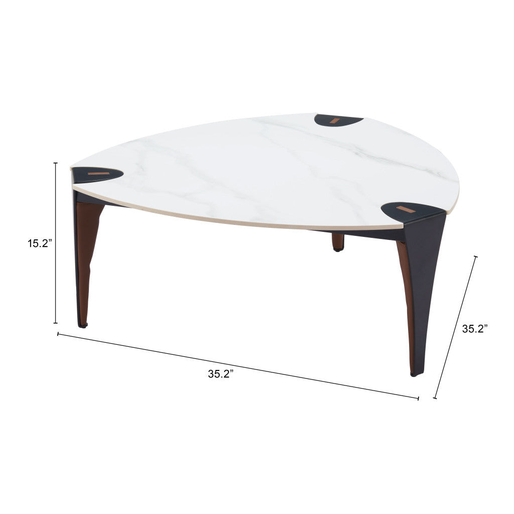 36" White and Black Sintered Stone Faux Leather And Steel Triangle Coffee Table-8