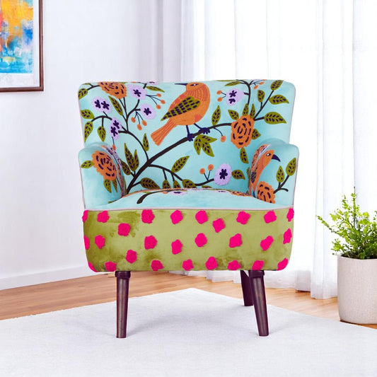 32" Blue Green Orange Pink and Brown Floral Arm Chair-0