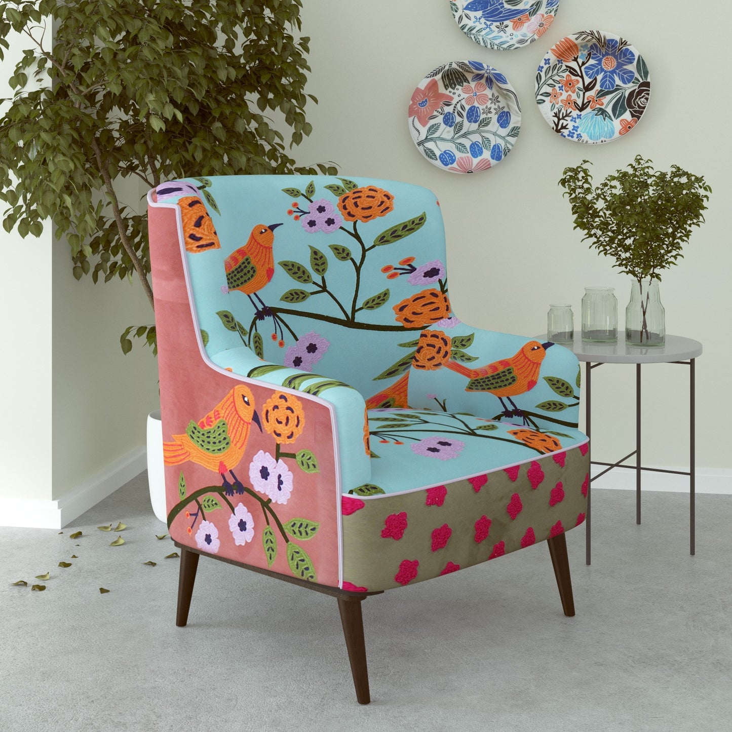 32" Blue Green Orange Pink and Brown Floral Arm Chair-8