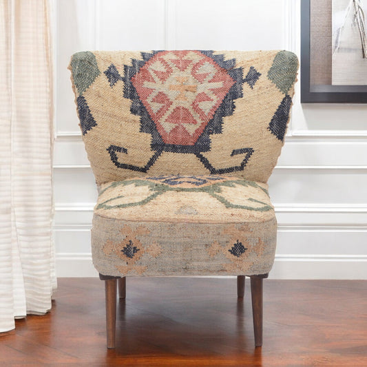 26" Beige Blue and Red  Jute Southwestern Wingback Chair-0