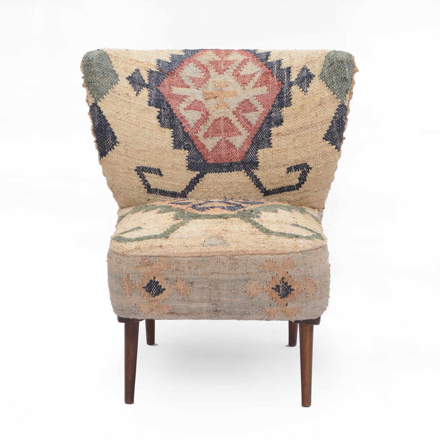 26" Beige Blue and Red Jute Southwestern Wingback Chair-3