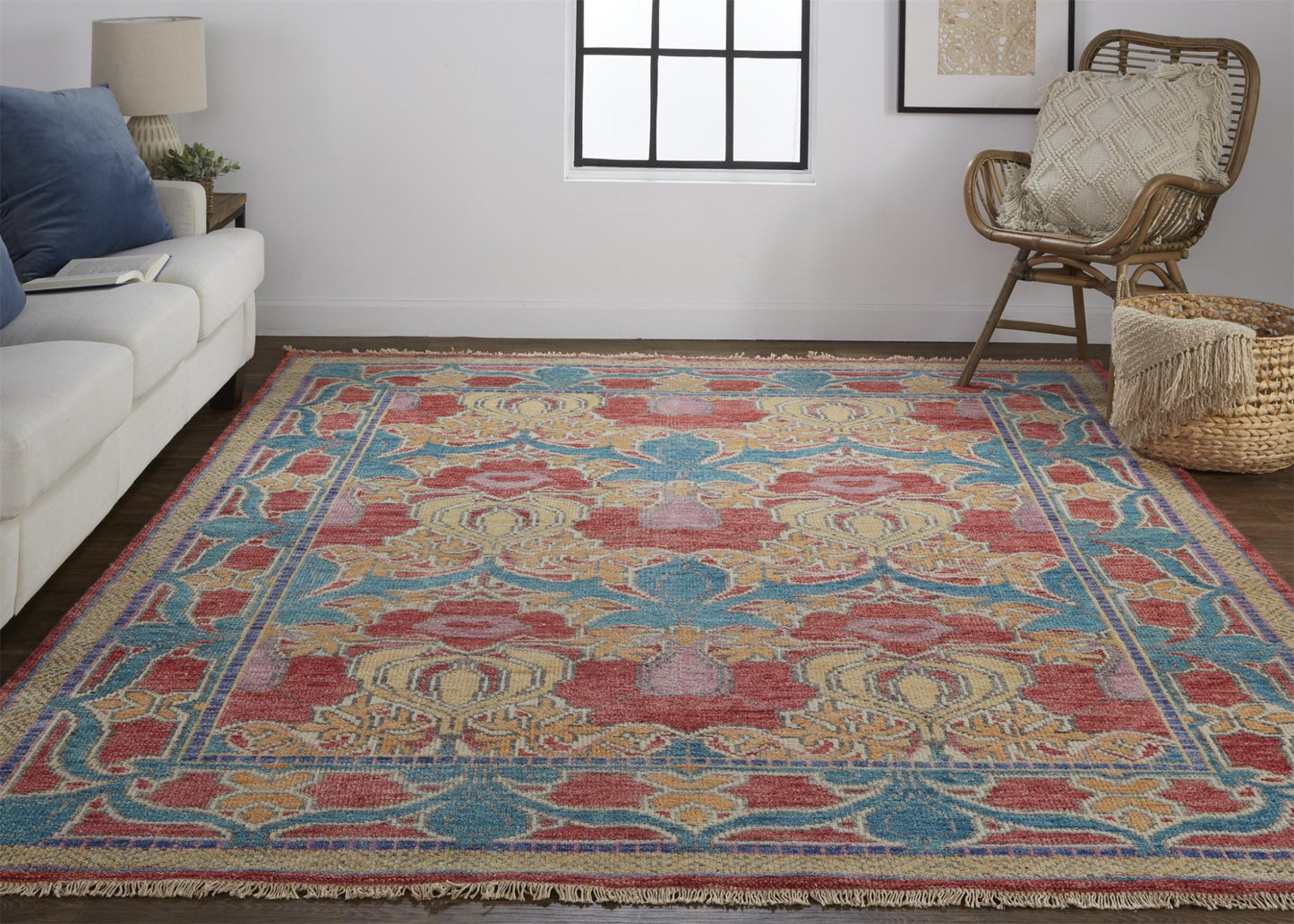 8' Blue Red and Yellow Wool Oriental Hand Knotted Runner Rug-5