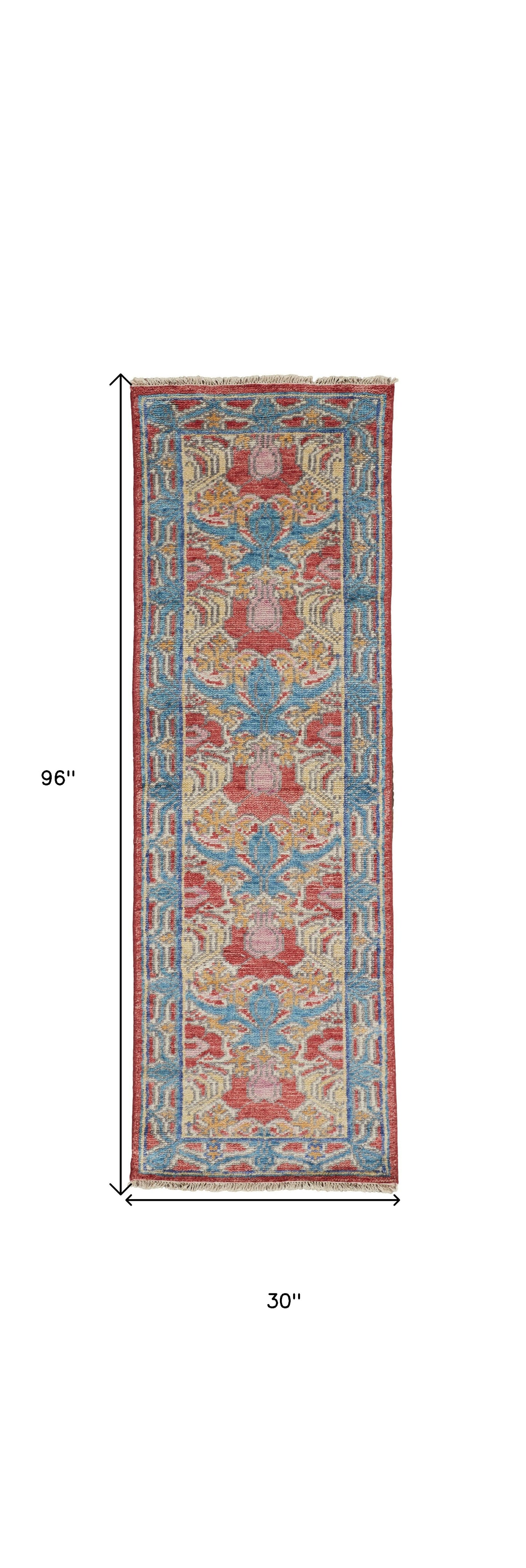 8' Blue Red and Yellow Wool Oriental Hand Knotted Runner Rug-2