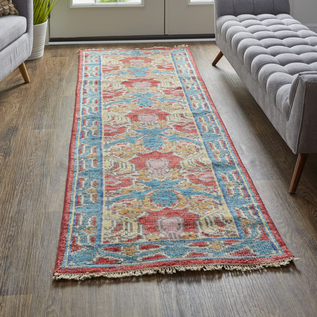 8' Blue Red and Yellow Wool Oriental Hand Knotted Runner Rug-4