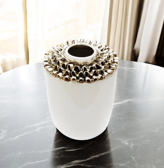10" White Round Ceramic Table Vase With Sculptural Details-0
