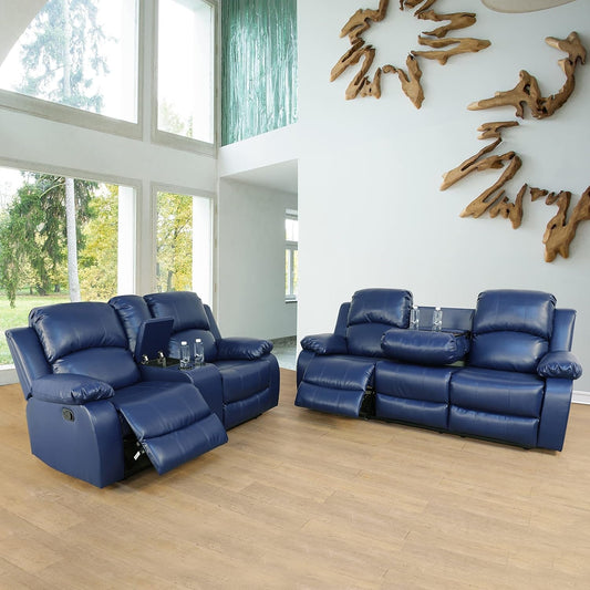 Alpine Living Room Recliner Set Include Love Seat, Sofa, 2-Piece,Navy Blue-0