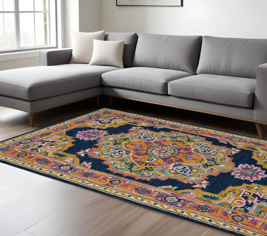 8' X 10' Blue Purple And Brown Wool Medallion Hand Tufted Area Rug-0