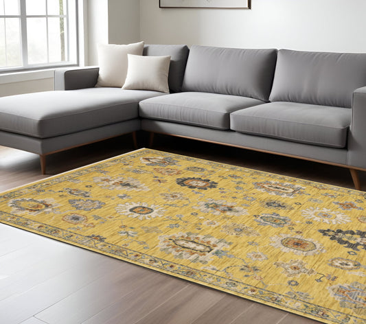 7' X 10' Yellow Ivory And Black Oriental Area Rug With Fringe-0