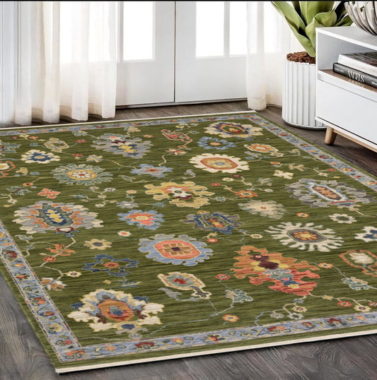 5' X 8' Green Blue And Yellow Oriental Area Rug With Fringe-0