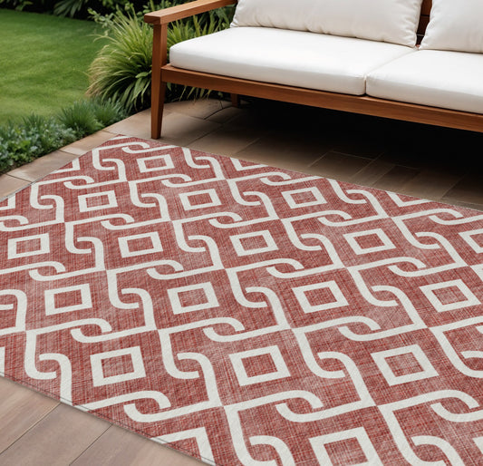 10' X 14' Burgundy And Ivory Geometric Washable Indoor Outdoor Area Rug-0