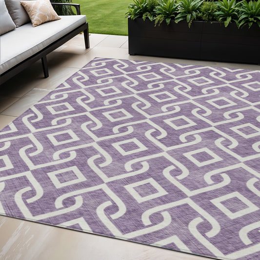 5' X 8' Purple And Ivory Geometric Washable Indoor Outdoor Area Rug-0