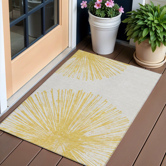 3' X 5' Gold And Ivory Abstract Washable Indoor Outdoor Area Rug-0