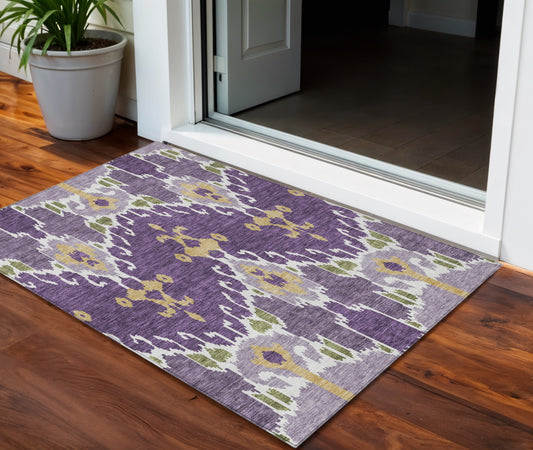 3' X 5' Purple Lavender And Gold Ikat Washable Indoor Outdoor Area Rug-0