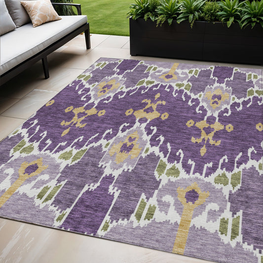 5' X 8' Purple Lavender And Gold Ikat Washable Indoor Outdoor Area Rug-0