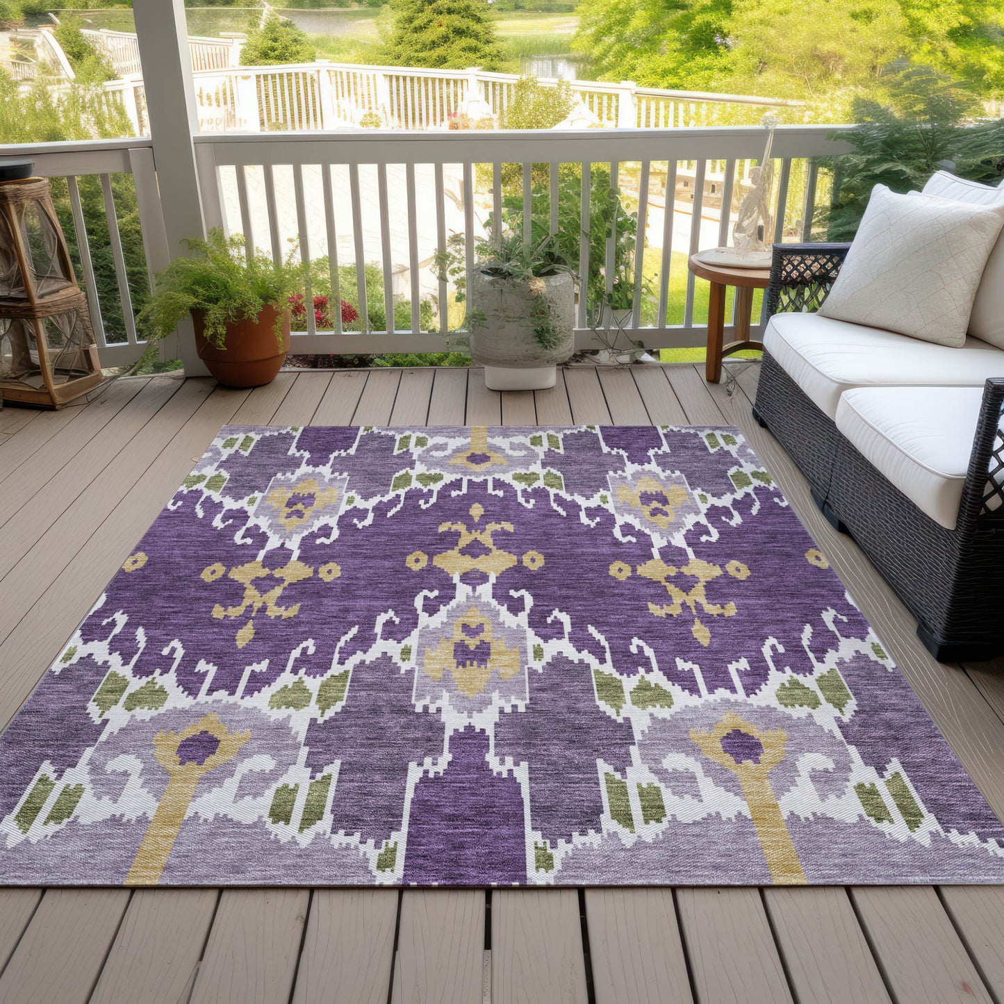 5' X 8' Purple Lavender And Gold Ikat Washable Indoor Outdoor Area Rug-8