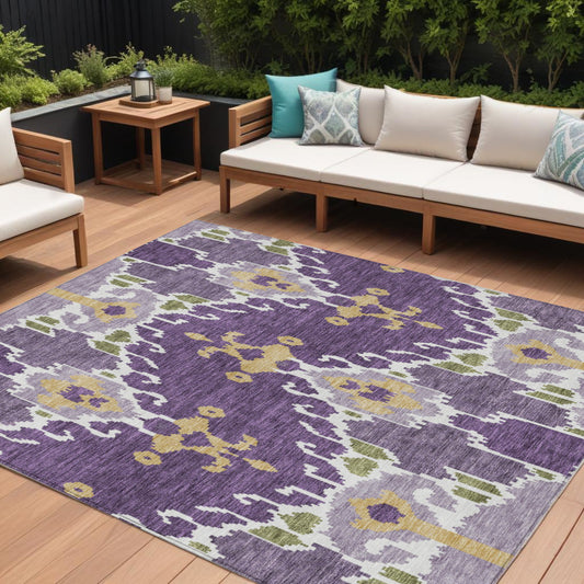 9' X 12' Purple Lavender And Gold Ikat Washable Indoor Outdoor Area Rug-0