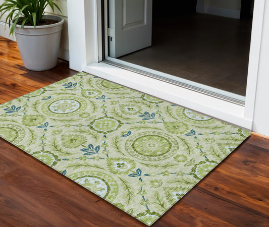 3' X 5' Artichoke Green Olive Green And Blue Floral Washable Indoor Outdoor Area Rug-0