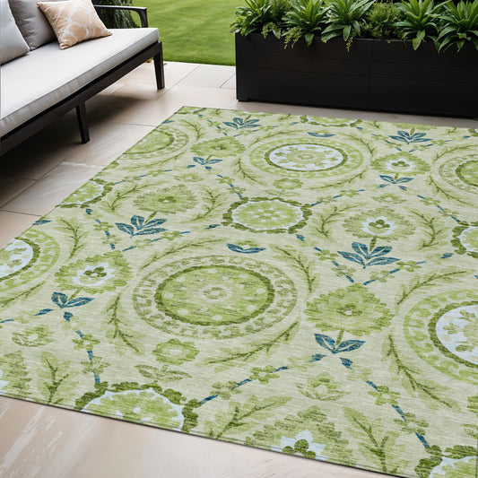 5' X 8' Artichoke Green Olive Green And Blue Floral Washable Indoor Outdoor Area Rug-0
