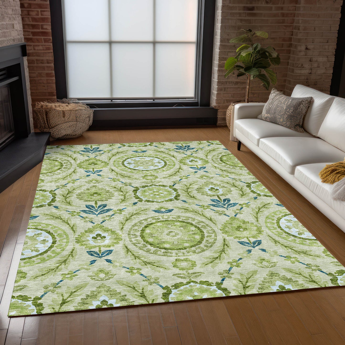 5' X 8' Artichoke Green Olive Green And Blue Floral Washable Indoor Outdoor Area Rug-8