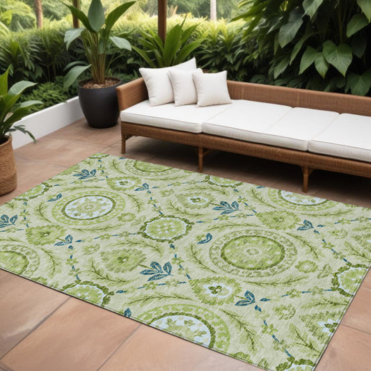 9' X 12' Artichoke Green Olive Green And Blue Floral Washable Indoor Outdoor Area Rug-0