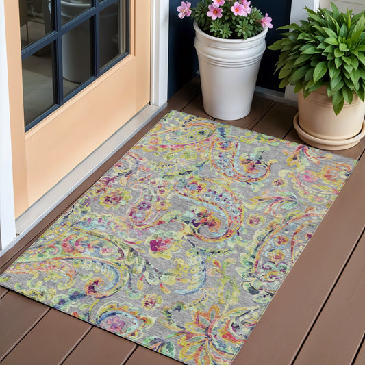 3' X 5' Gray Fern Green And Artichoke Green Paisley Washable Indoor Outdoor Area Rug-0