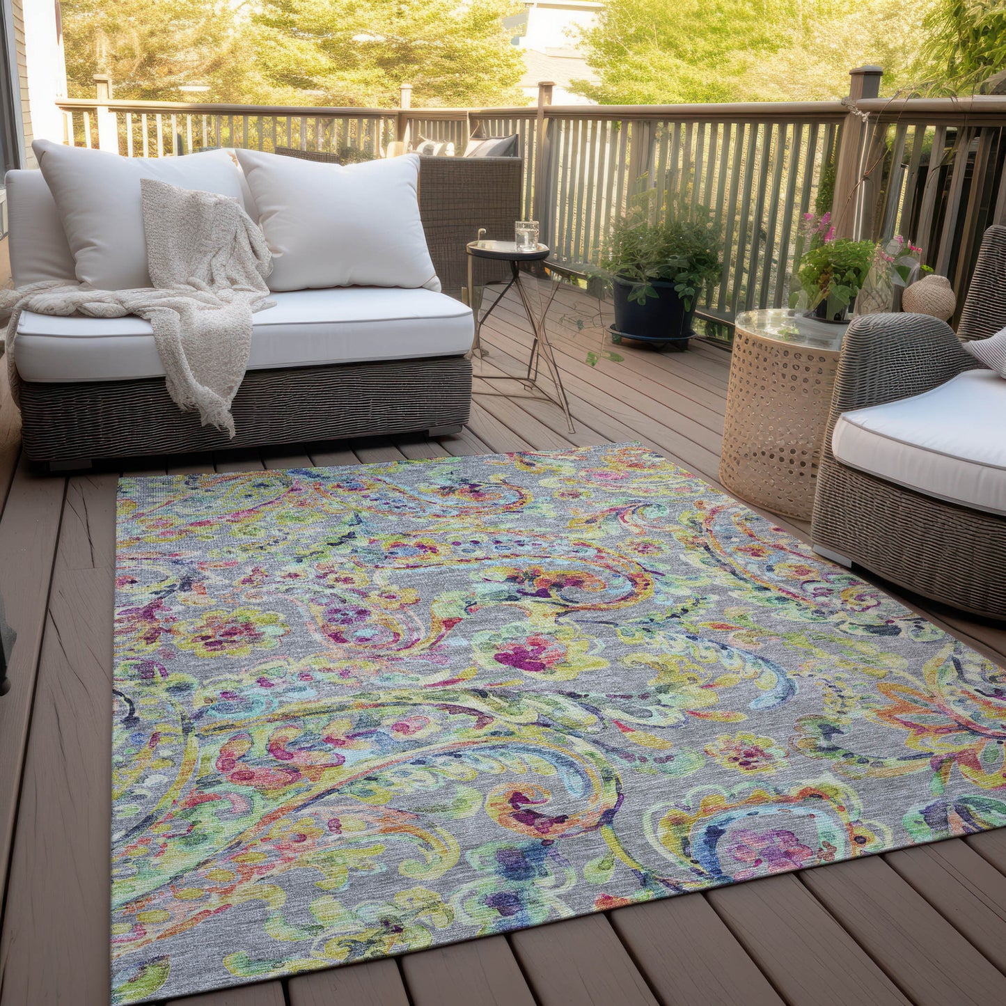 10' X 14' Gray Fern Green And Artichoke Green Paisley Washable Indoor Outdoor Area Rug-8