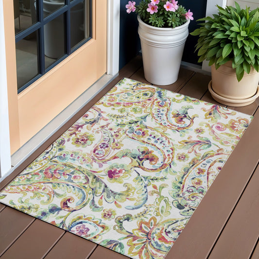 3' X 5' Ivory Fern Green And Artichoke Green Paisley Washable Indoor Outdoor Area Rug-0