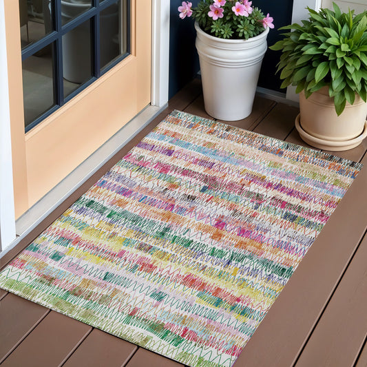 3' X 5' Green Ivory And Purple Striped Washable Indoor Outdoor Area Rug-0