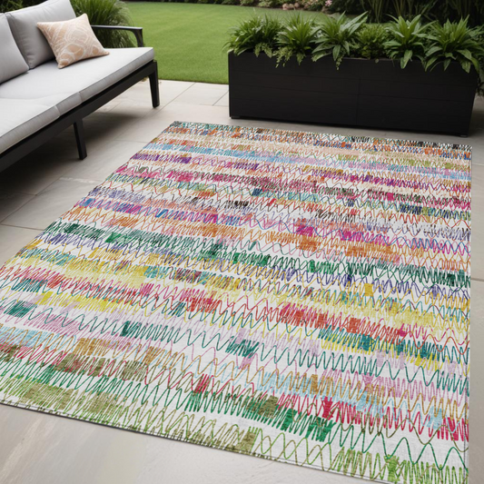 5' X 8' Green Ivory And Purple Striped Washable Indoor Outdoor Area Rug-0