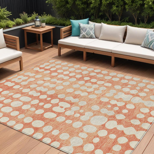 10' X 14' Coral And Ivory Abstract Washable Indoor Outdoor Area Rug-0