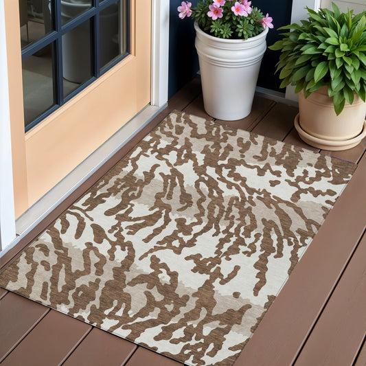 3' X 5' Chocolate Beige And Ivory Animal Print Washable Indoor Outdoor Area Rug-0