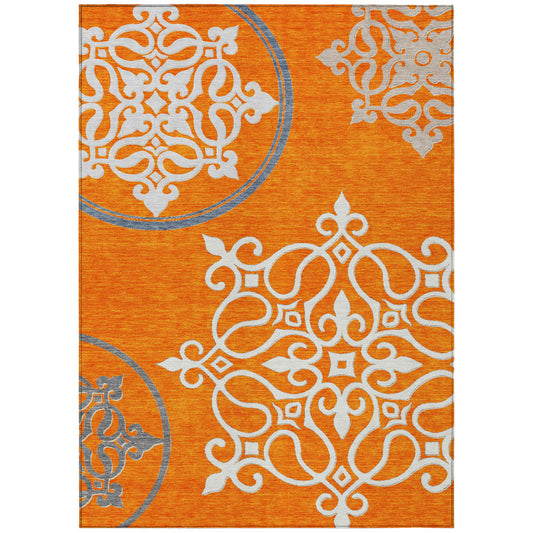 5' X 8' Orange Gray And Ivory Floral Medallion Washable Indoor Outdoor Area Rug-0