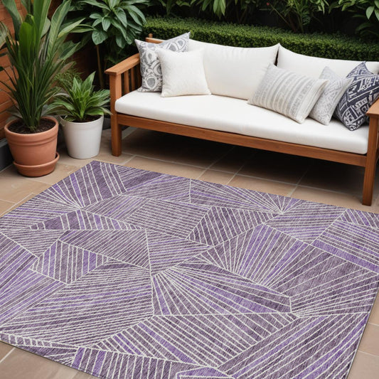 9' X 12' Purple And Ivory Geometric Washable Indoor Outdoor Area Rug-0
