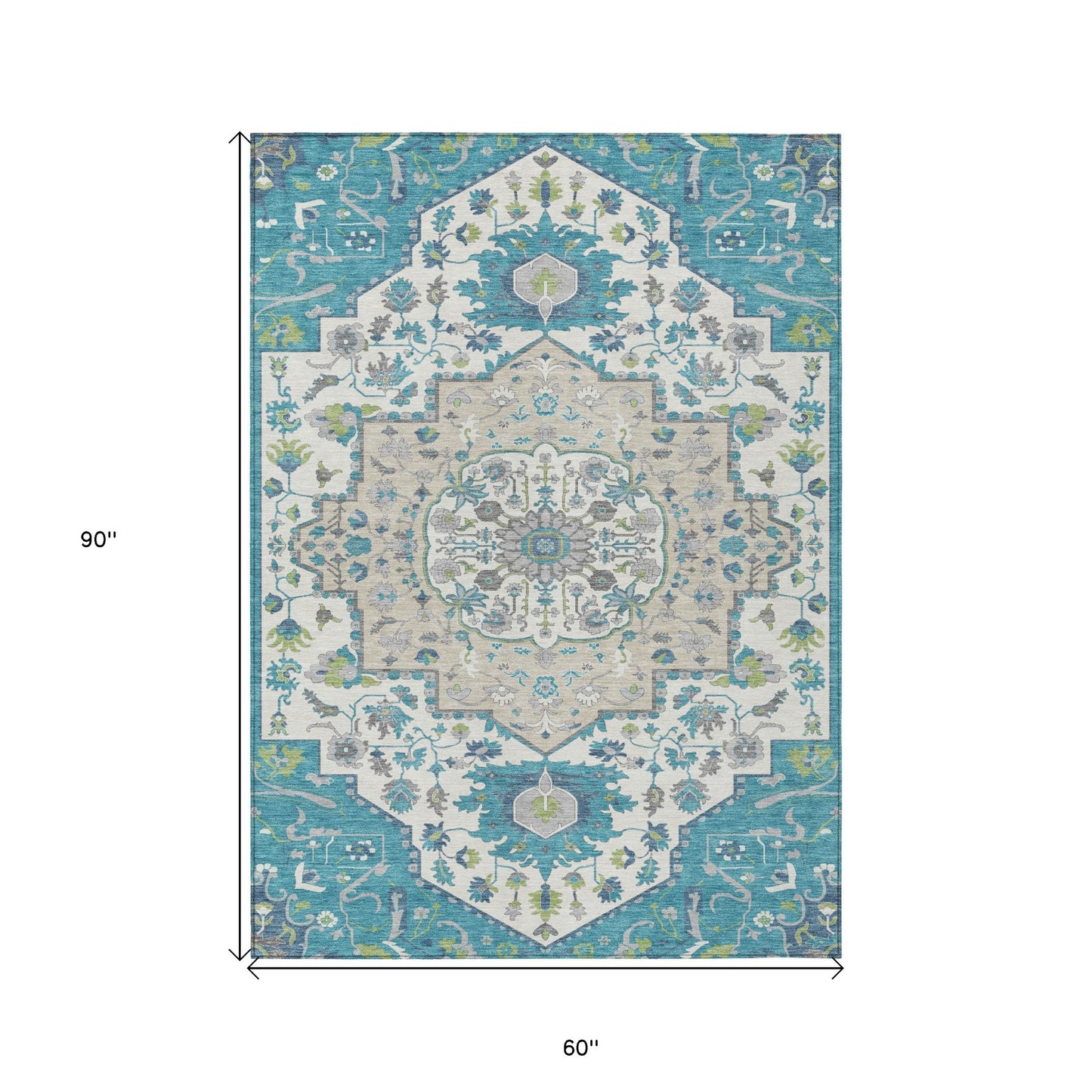 5' X 8' Teal Blue Green And Ivory Oriental Washable Indoor Outdoor Area Rug-2