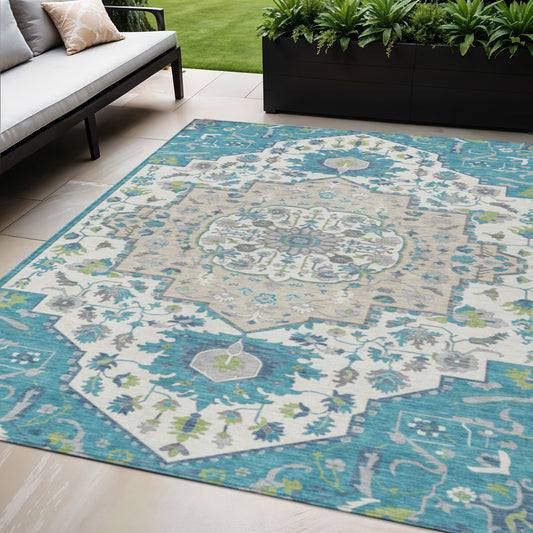 5' X 8' Teal Blue Green And Ivory Oriental Washable Indoor Outdoor Area Rug-0