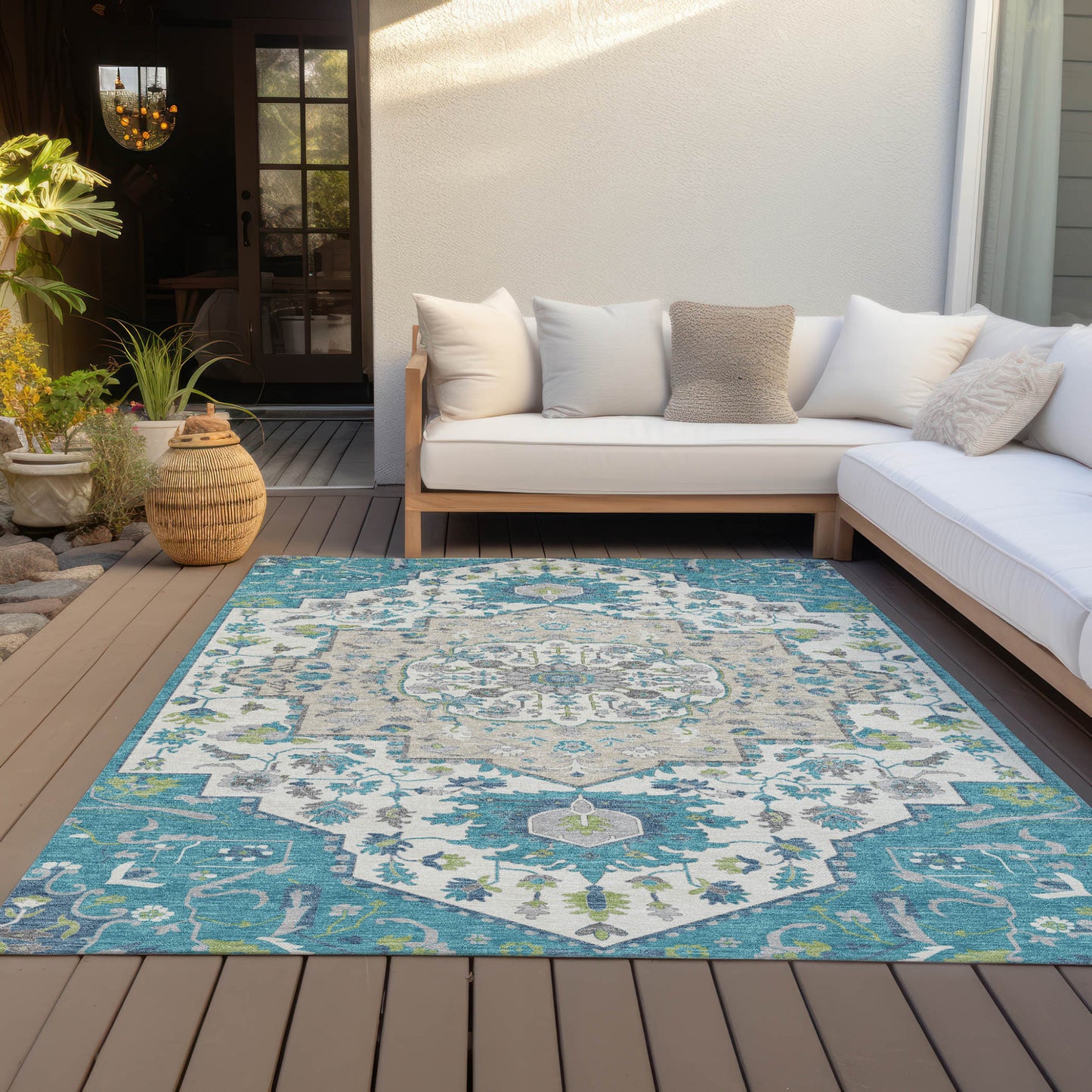 5' X 8' Teal Blue Green And Ivory Oriental Washable Indoor Outdoor Area Rug-7