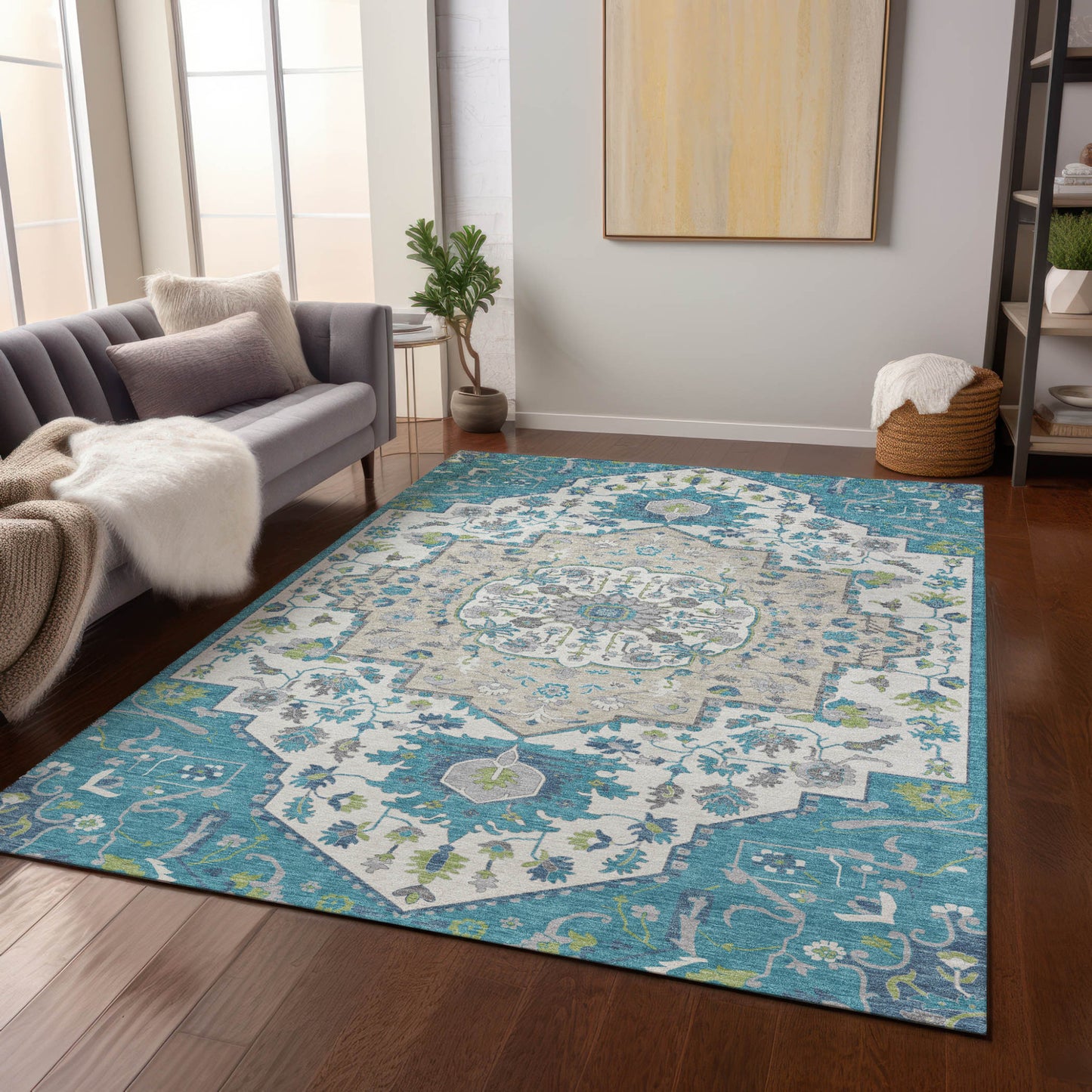 5' X 8' Teal Blue Green And Ivory Oriental Washable Indoor Outdoor Area Rug-8