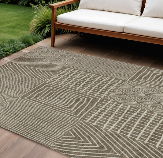 9' X 12' Brown And Beige Geometric Washable Indoor Outdoor Area Rug-0