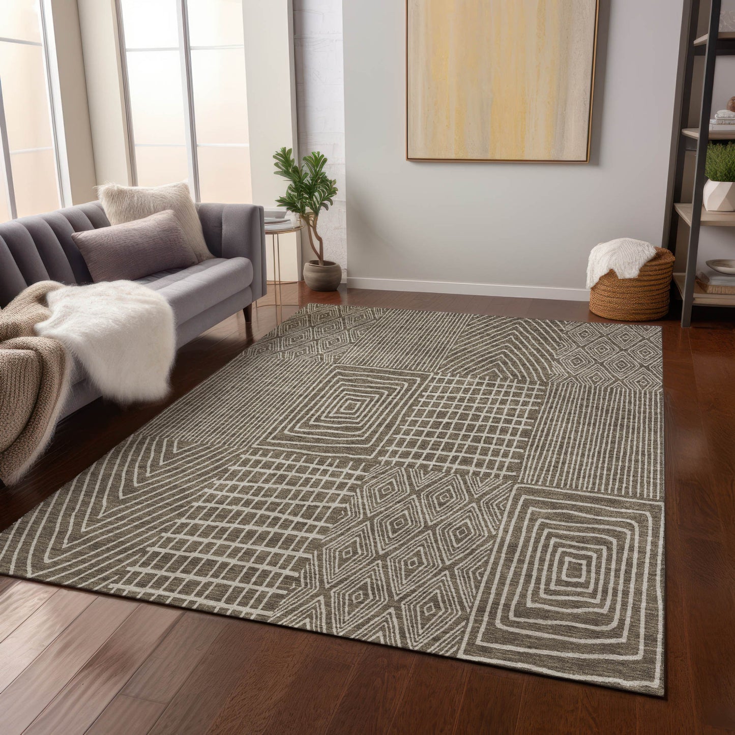 9' X 12' Brown And Beige Geometric Washable Indoor Outdoor Area Rug-8