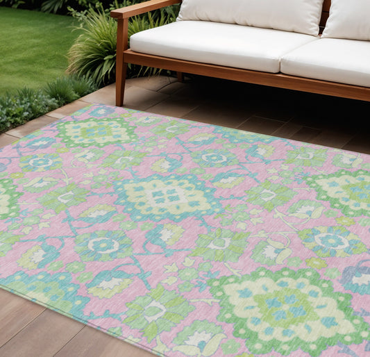 8' X 10' Pink Green And Blue Oriental Washable Indoor Outdoor Area Rug-0